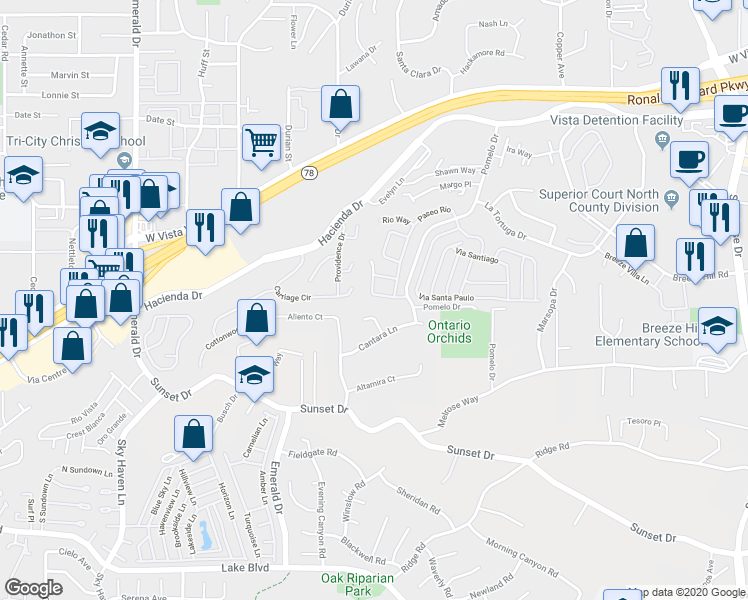 map of restaurants, bars, coffee shops, grocery stores, and more near 1574 Carriage Circle in Vista