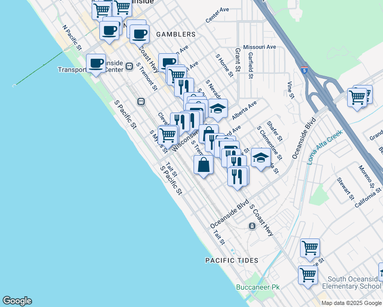 map of restaurants, bars, coffee shops, grocery stores, and more near in Oceanside