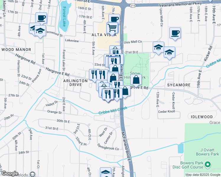 map of restaurants, bars, coffee shops, grocery stores, and more near 602 Hargrove Road East in Tuscaloosa