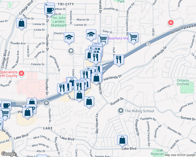 map of restaurants, bars, coffee shops, grocery stores, and more near 1865 West Vista Way in Vista