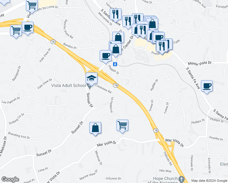 map of restaurants, bars, coffee shops, grocery stores, and more near 902 Crest View Road in Vista