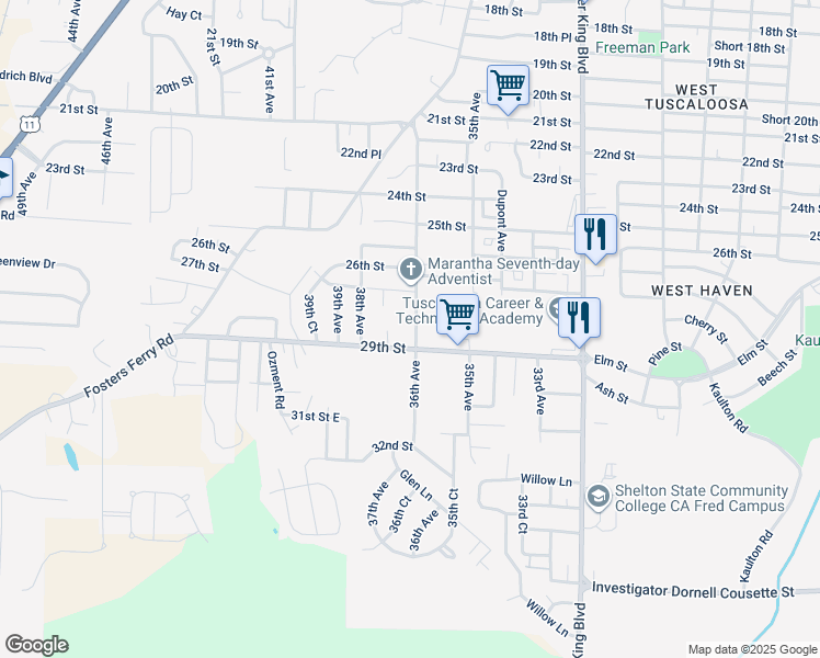 map of restaurants, bars, coffee shops, grocery stores, and more near 2 Oak Ridge in Tuscaloosa