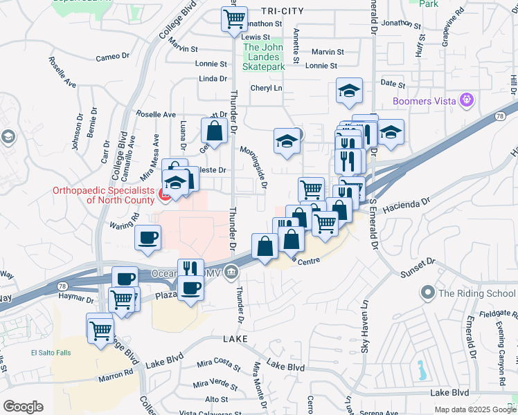 map of restaurants, bars, coffee shops, grocery stores, and more near 4129-4130 Waring Road in Oceanside