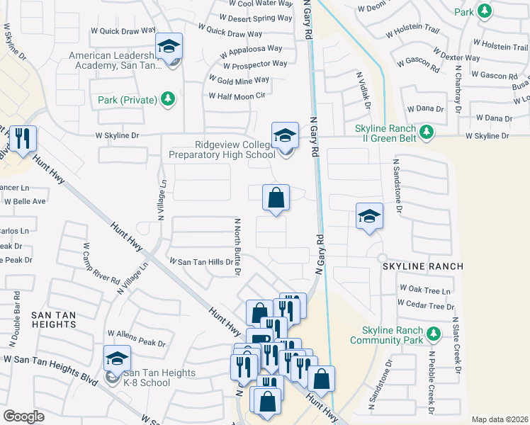 map of restaurants, bars, coffee shops, grocery stores, and more near 1663 West Gordon Street in San Tan Valley