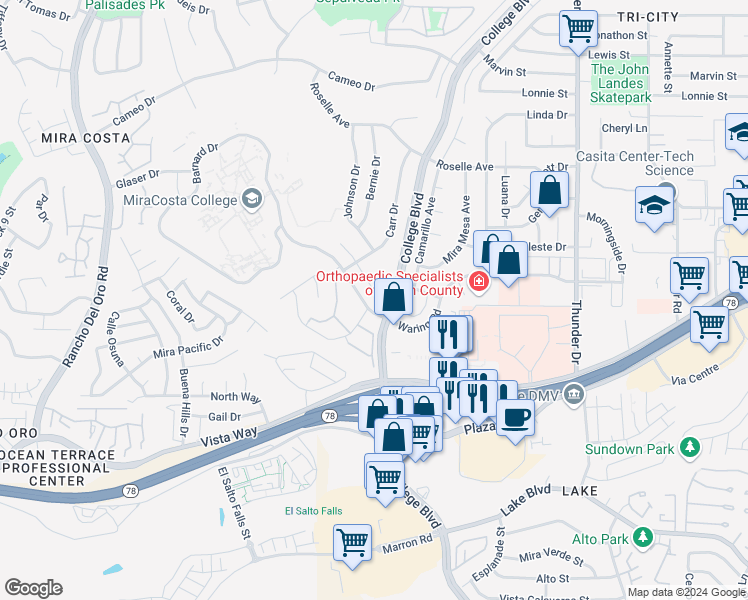 map of restaurants, bars, coffee shops, grocery stores, and more near 3993 Brown Street in Oceanside