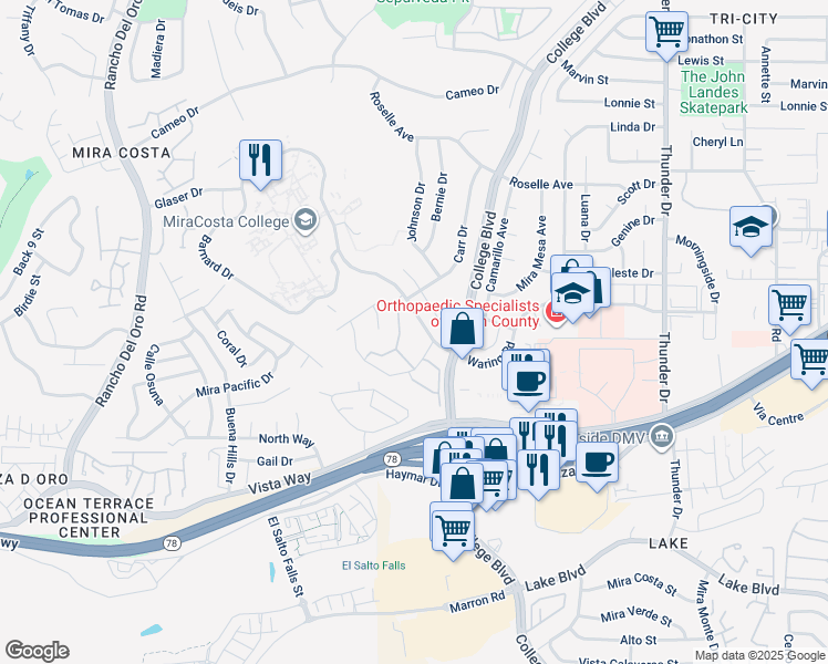 map of restaurants, bars, coffee shops, grocery stores, and more near 3675 Barnard Drive in Oceanside