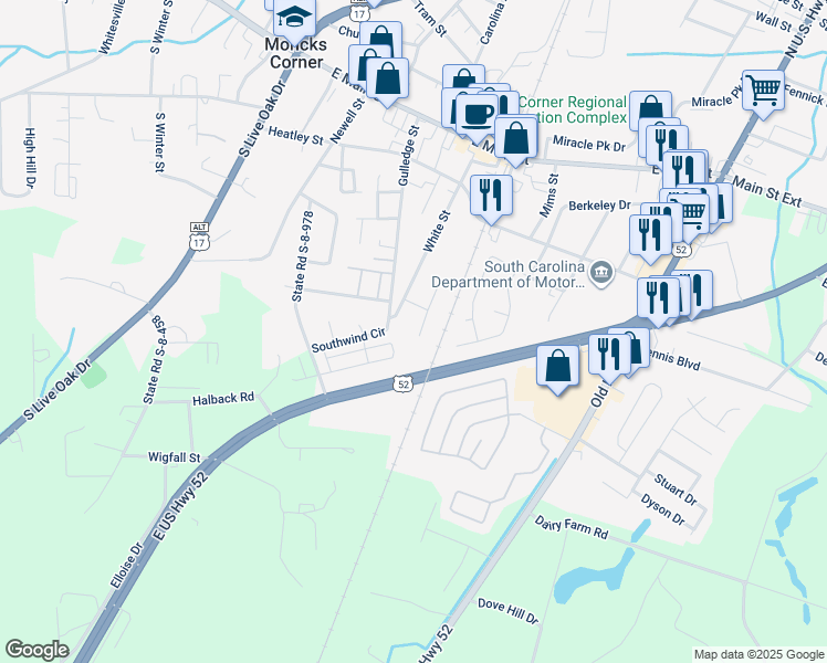 map of restaurants, bars, coffee shops, grocery stores, and more near 401 Eagleston Drive in Moncks Corner