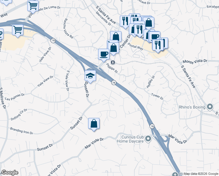 map of restaurants, bars, coffee shops, grocery stores, and more near 902 Crest View Road in Vista