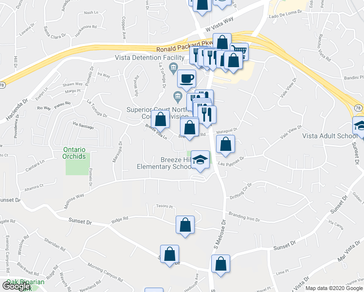 map of restaurants, bars, coffee shops, grocery stores, and more near 730 Breeze Hill Road in Vista
