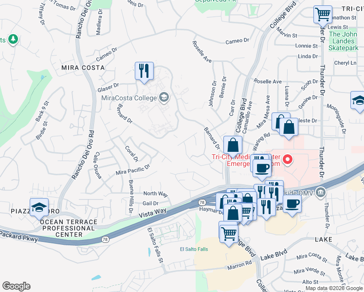 map of restaurants, bars, coffee shops, grocery stores, and more near 3540 Strawberry Place in Oceanside