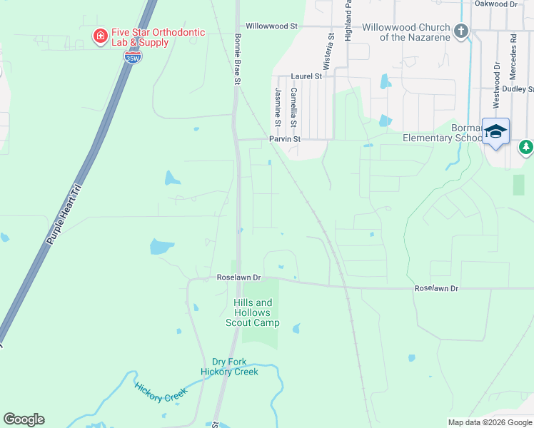 map of restaurants, bars, coffee shops, grocery stores, and more near 2657 South Bonnie Brae Street in Denton