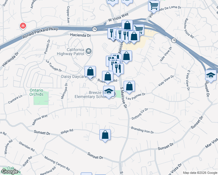 map of restaurants, bars, coffee shops, grocery stores, and more near 710 Breeze Hill Road in Vista