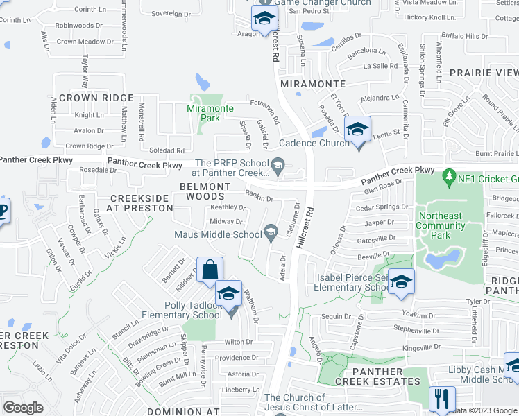 map of restaurants, bars, coffee shops, grocery stores, and more near 13229 Ambrose Drive in Frisco