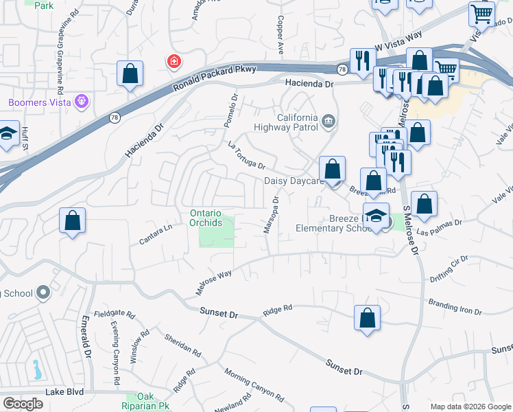 map of restaurants, bars, coffee shops, grocery stores, and more near 640 Via Bogota in Vista