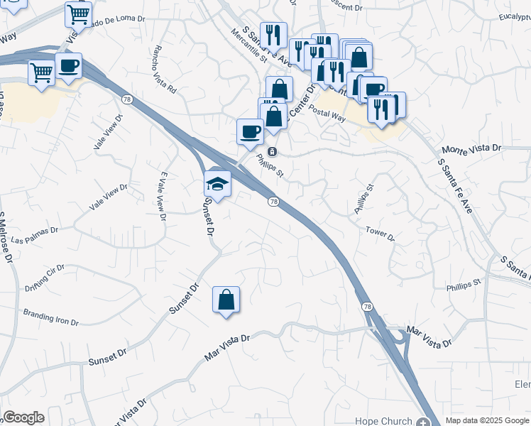map of restaurants, bars, coffee shops, grocery stores, and more near 880 Crest View Road in Vista