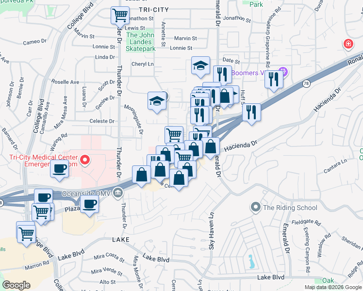 map of restaurants, bars, coffee shops, grocery stores, and more near 1925 West Vista Way in Vista
