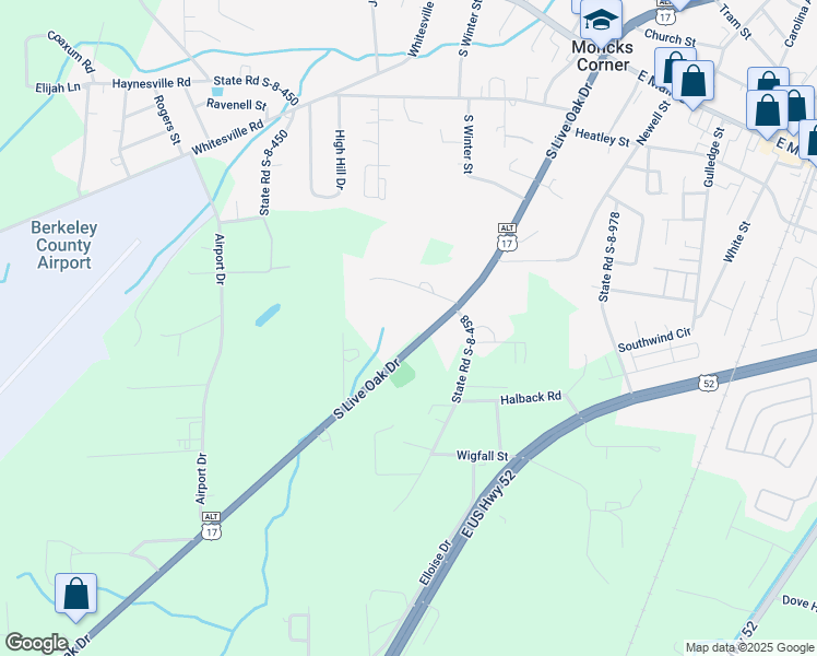 map of restaurants, bars, coffee shops, grocery stores, and more near 505 South Live Oak Drive in Moncks Corner