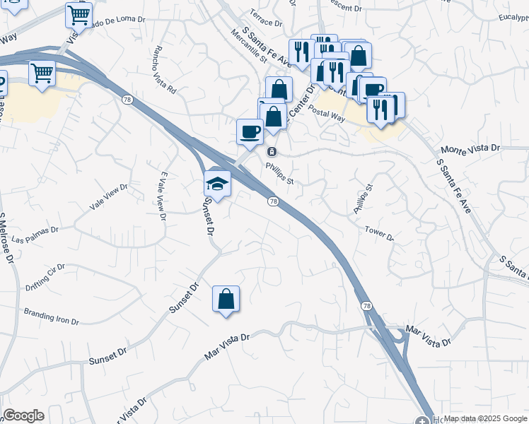 map of restaurants, bars, coffee shops, grocery stores, and more near 880 Crest View Road in Vista