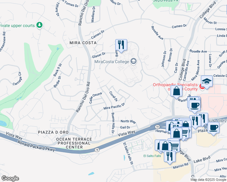 map of restaurants, bars, coffee shops, grocery stores, and more near 3732 Mira Pacific Drive in Oceanside