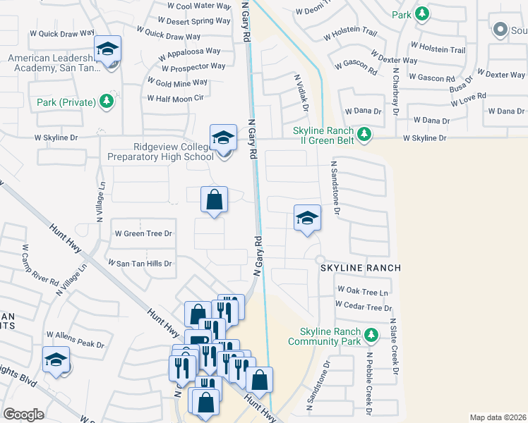 map of restaurants, bars, coffee shops, grocery stores, and more near 1265 West Desert Basin Drive in San Tan Valley