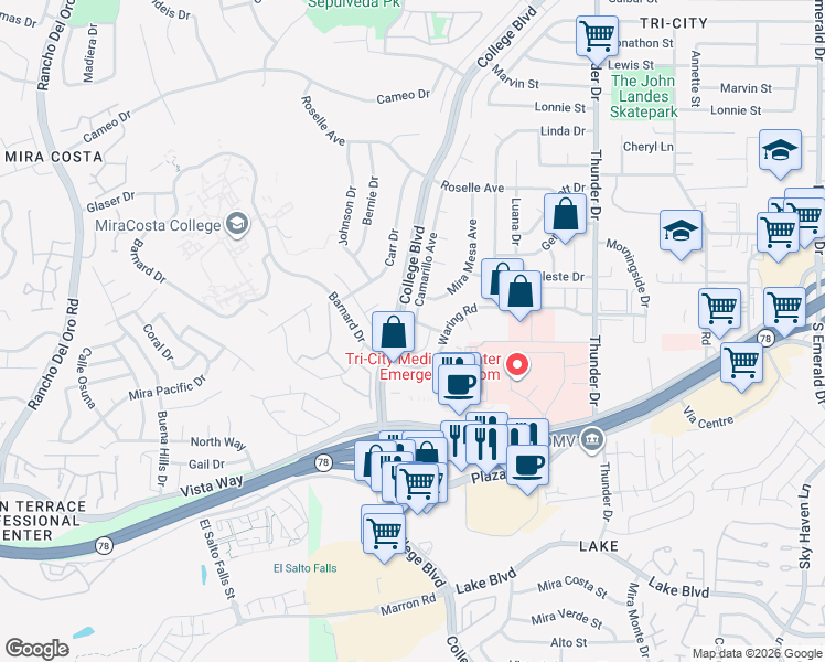 map of restaurants, bars, coffee shops, grocery stores, and more near 3245 Camarillo Avenue in Oceanside