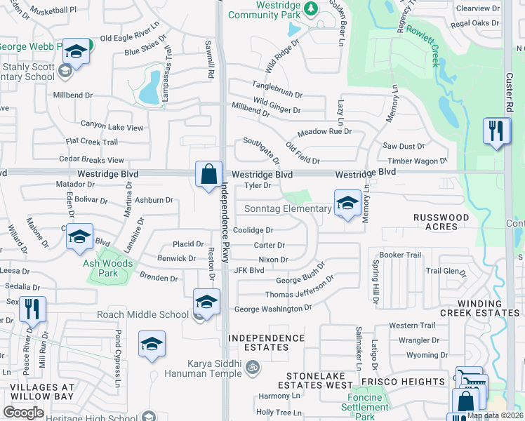 map of restaurants, bars, coffee shops, grocery stores, and more near 9833 Fillmore Drive in McKinney
