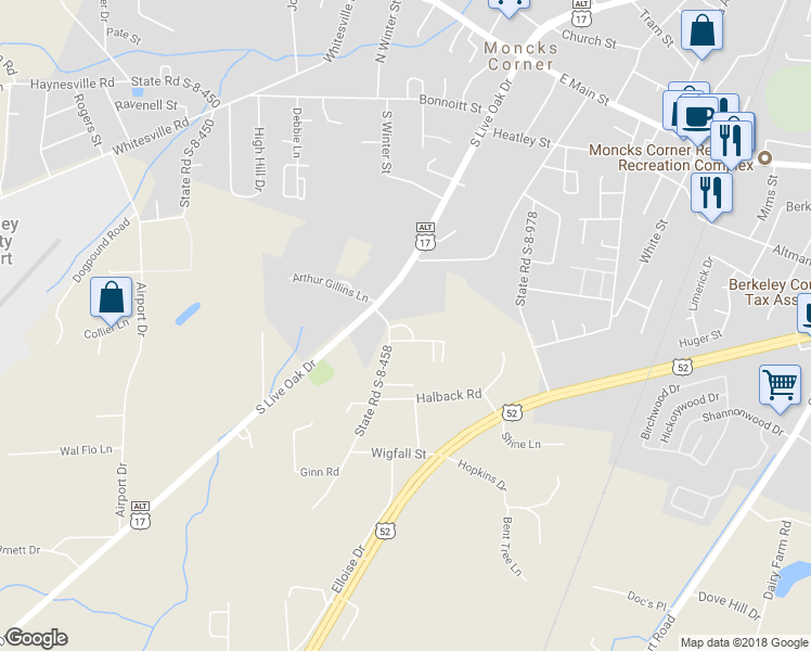 map of restaurants, bars, coffee shops, grocery stores, and more near 104 Lou Rose Lane in Moncks Corner