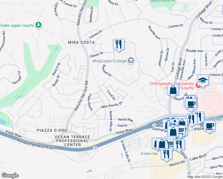 map of restaurants, bars, coffee shops, grocery stores, and more near 3732 Mira Pacific Drive in Oceanside