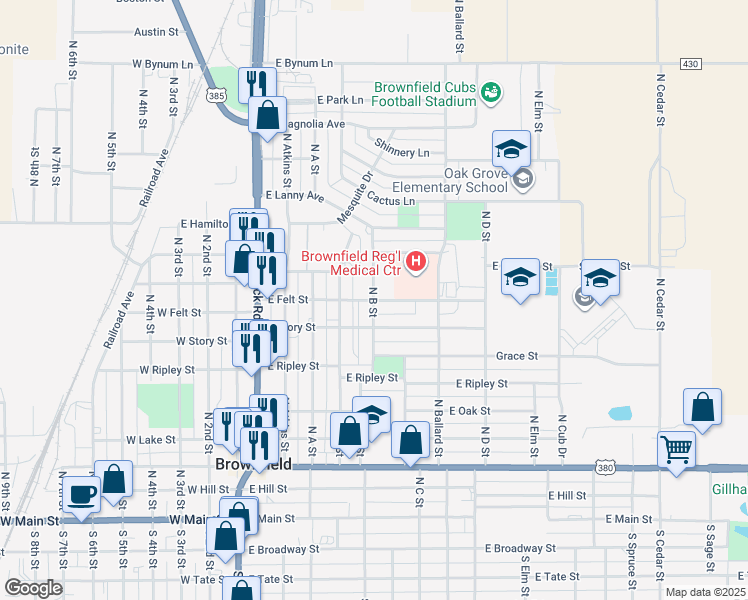 map of restaurants, bars, coffee shops, grocery stores, and more near 601 East Felt Street in Brownfield