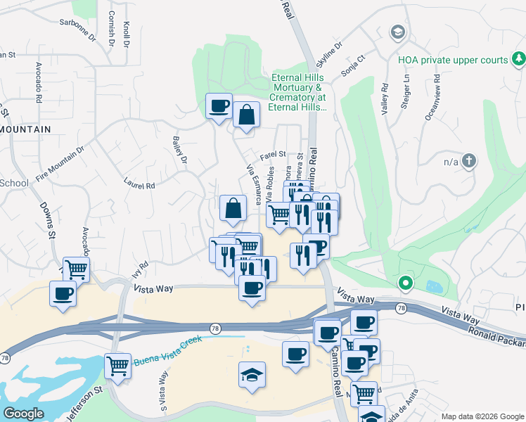 map of restaurants, bars, coffee shops, grocery stores, and more near 2163 Via Esmarca in Oceanside