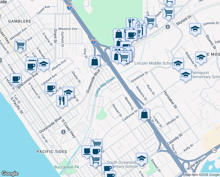 map of restaurants, bars, coffee shops, grocery stores, and more near 344-354 Blue Springs Lane in Oceanside