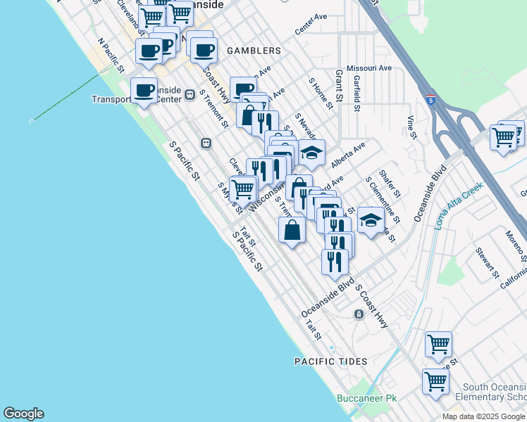 map of restaurants, bars, coffee shops, grocery stores, and more near 215 Wisconsin Avenue in Oceanside