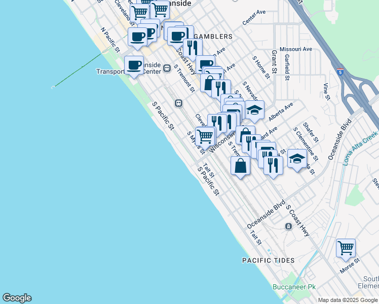 map of restaurants, bars, coffee shops, grocery stores, and more near 606 South The Strand in Oceanside