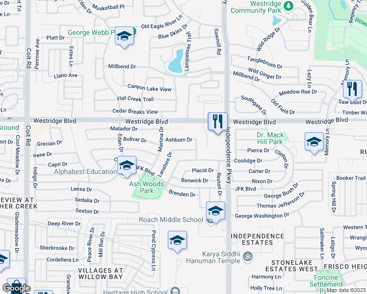 map of restaurants, bars, coffee shops, grocery stores, and more near 10229 Ashburn Drive in McKinney