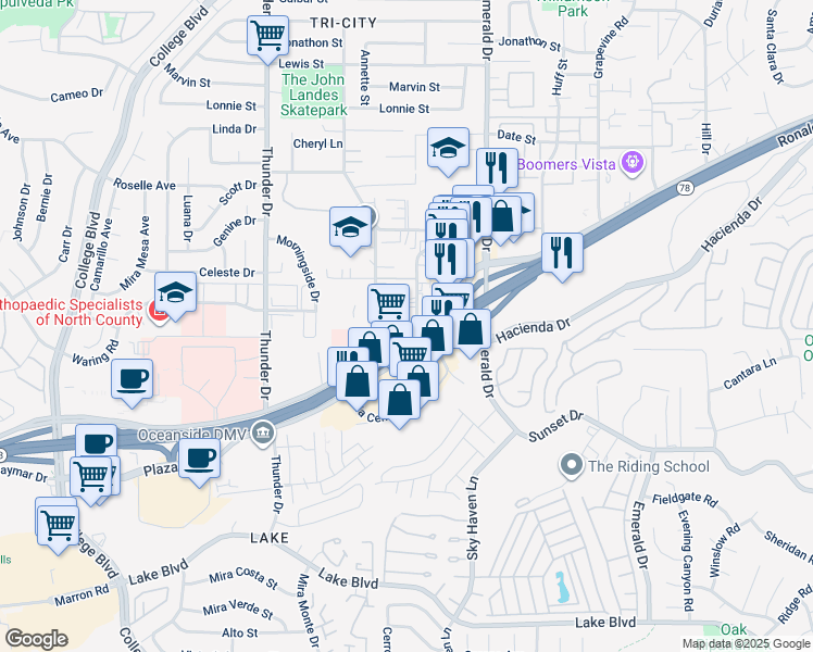 map of restaurants, bars, coffee shops, grocery stores, and more near 1921 West Vista Way in Vista