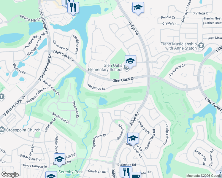 map of restaurants, bars, coffee shops, grocery stores, and more near 6217 Wildwood Drive in McKinney