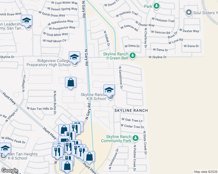 map of restaurants, bars, coffee shops, grocery stores, and more near 1070 West Vineyard Plains Drive in San Tan Valley