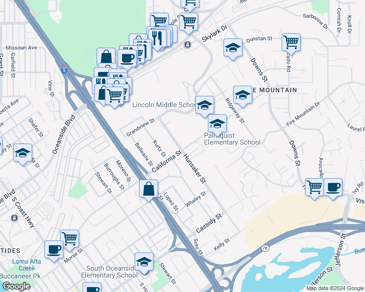 map of restaurants, bars, coffee shops, grocery stores, and more near 1468 Hunsaker Street in Oceanside