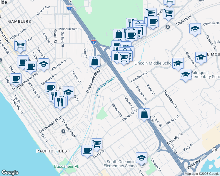 map of restaurants, bars, coffee shops, grocery stores, and more near 349 Idlewild Lane in Oceanside
