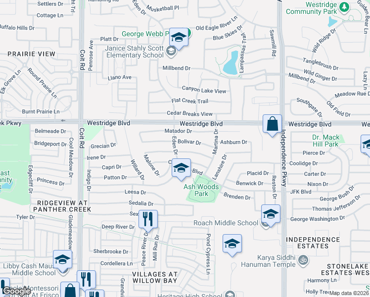 map of restaurants, bars, coffee shops, grocery stores, and more near 10416 Cochron Drive in McKinney