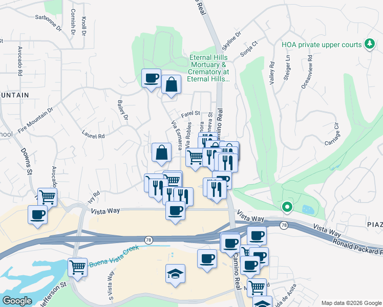 map of restaurants, bars, coffee shops, grocery stores, and more near 2182 Via Robles in Oceanside