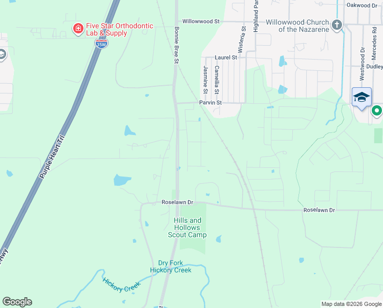 map of restaurants, bars, coffee shops, grocery stores, and more near 2657 South Bonnie Brae Street in Denton
