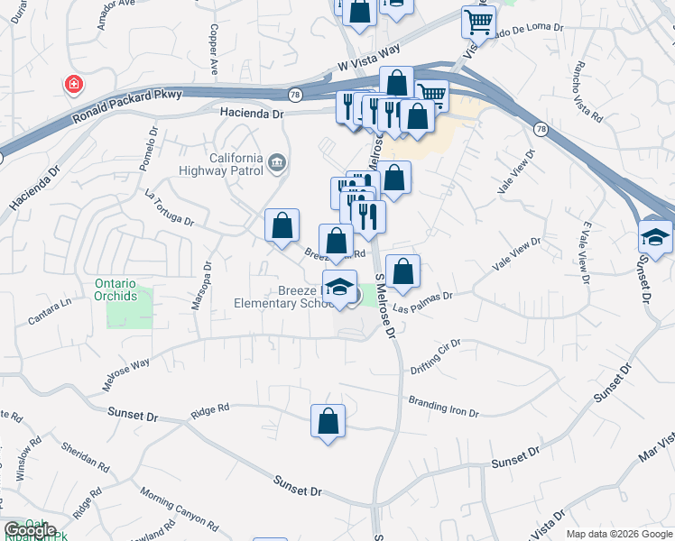 map of restaurants, bars, coffee shops, grocery stores, and more near 631 South Melrose Drive in Vista