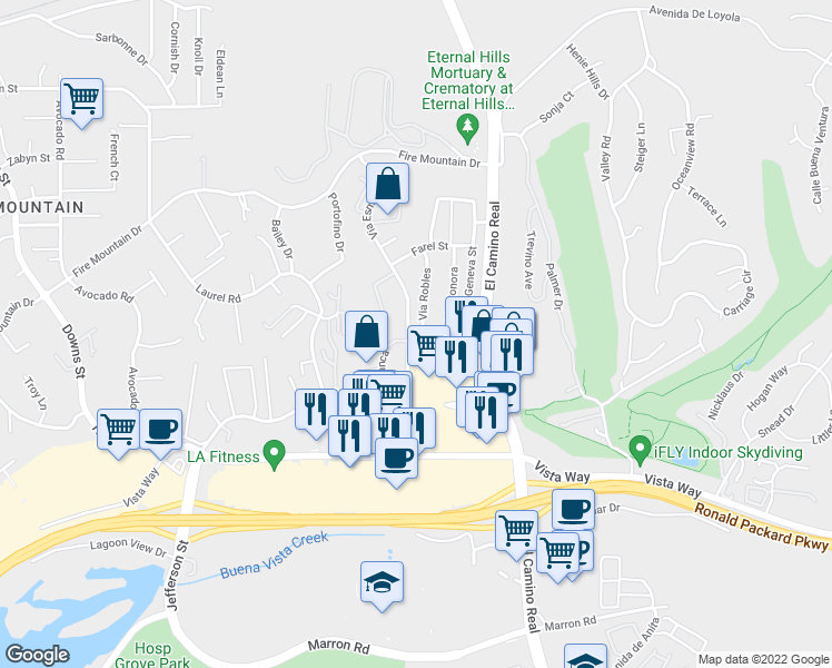 map of restaurants, bars, coffee shops, grocery stores, and more near 2181 Via Robles in Oceanside