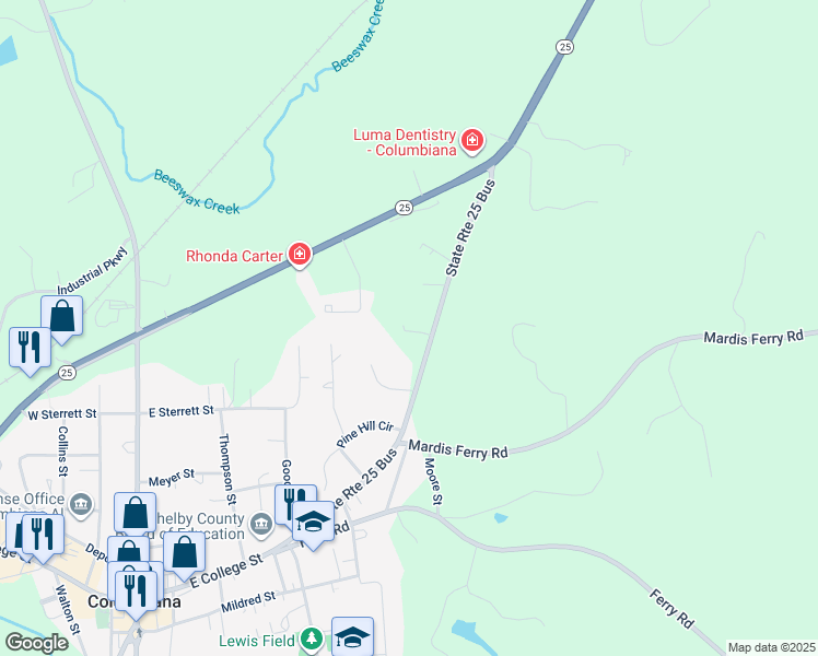 map of restaurants, bars, coffee shops, grocery stores, and more near 316 Alabama 25 in Columbiana