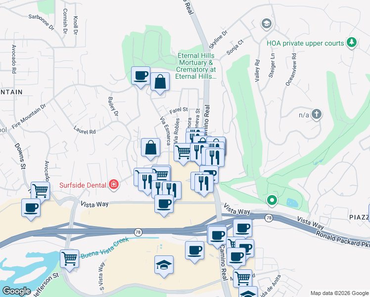 map of restaurants, bars, coffee shops, grocery stores, and more near 2185 Via Sonora in Oceanside