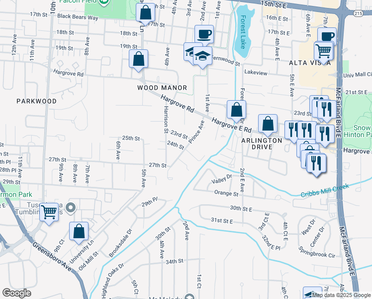 map of restaurants, bars, coffee shops, grocery stores, and more near 306 Hickory Forest in Tuscaloosa