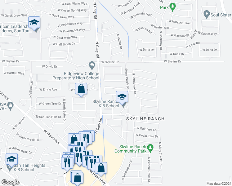 map of restaurants, bars, coffee shops, grocery stores, and more near 1140 West Vineyard Plains Drive in Queen Creek