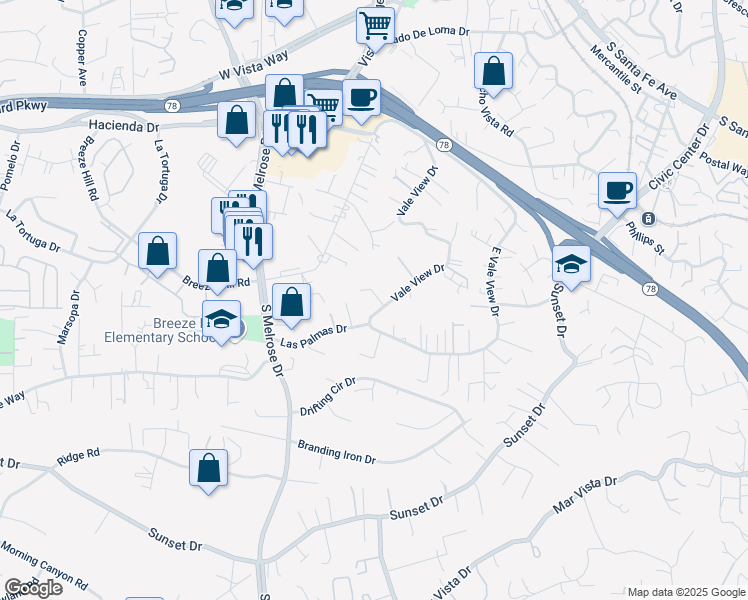 map of restaurants, bars, coffee shops, grocery stores, and more near 731 Vale View Drive in Vista