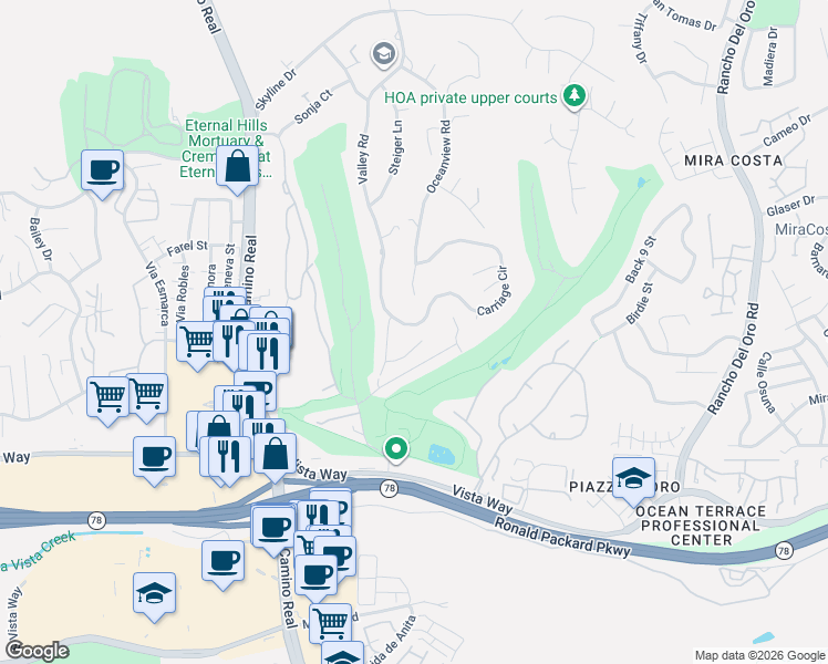 map of restaurants, bars, coffee shops, grocery stores, and more near 2323 Carriage Circle in Oceanside